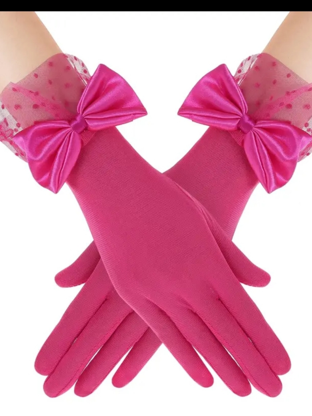 Deep Pink Or Rose Red (?) Mesh Gloves W/ Satin Bow & Swiss Dot Wrist Ruffle (OS)